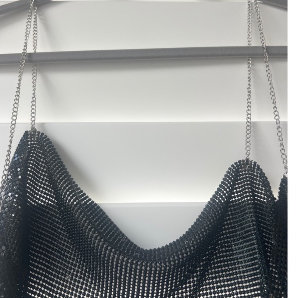 NWT Da Veamor Black Chainmail Crop Top Cowl Neck Silver Chain Straps Festival M - Picture 6 of 7
